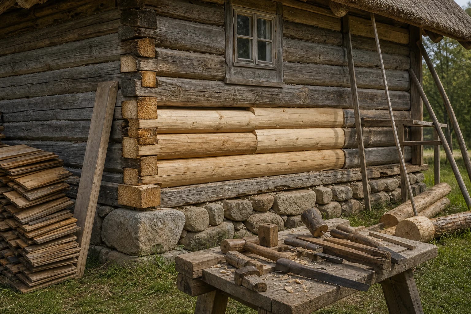 Wooden heritage restoration with a craftsperson checking a log wall, roof overhang, stone foundations, and old window trims