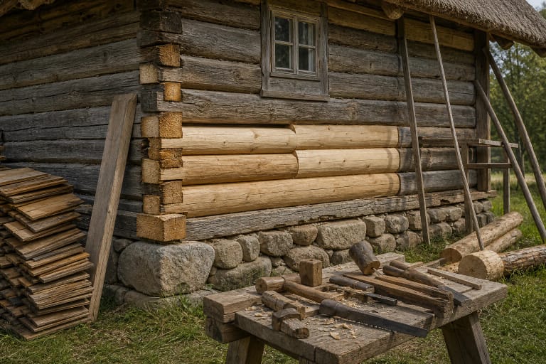 Wooden heritage restoration with a craftsperson checking a log wall, roof overhang, stone foundations, and old window trims