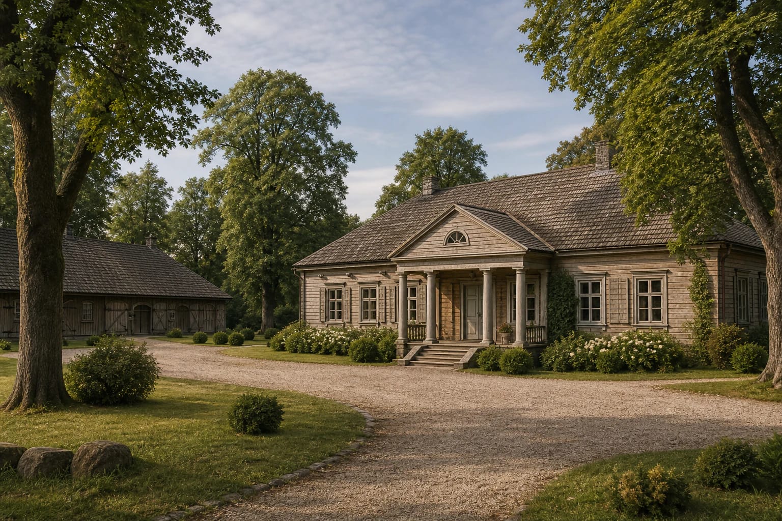 A Lithuanian wooden manor homestead with a one-storey wooden manor house, central porch, park, pond, and farm buildings