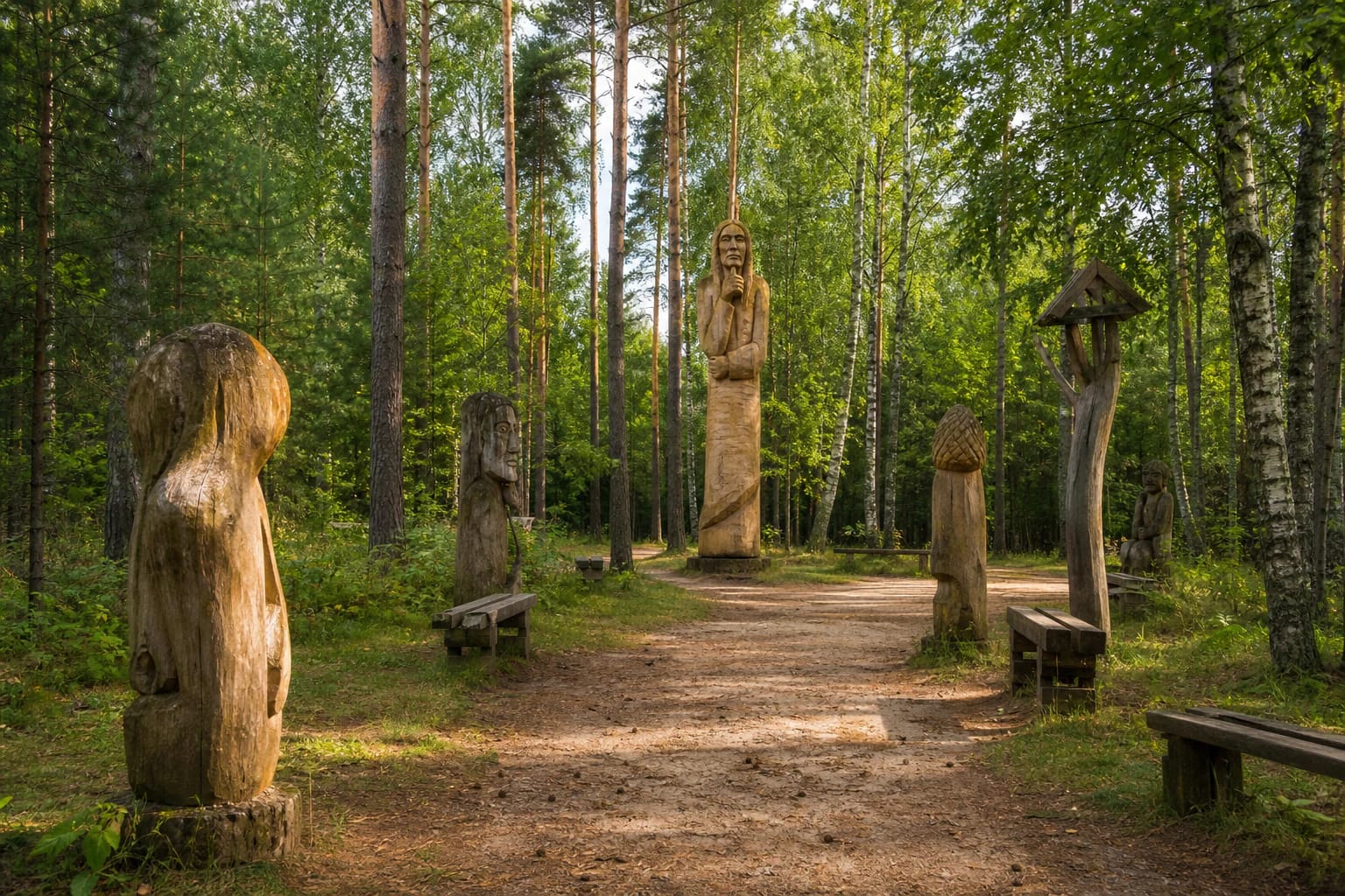 Wooden sculptures along the woodland path at Wooden Sculpture Park Praeities takas in Puntukas village