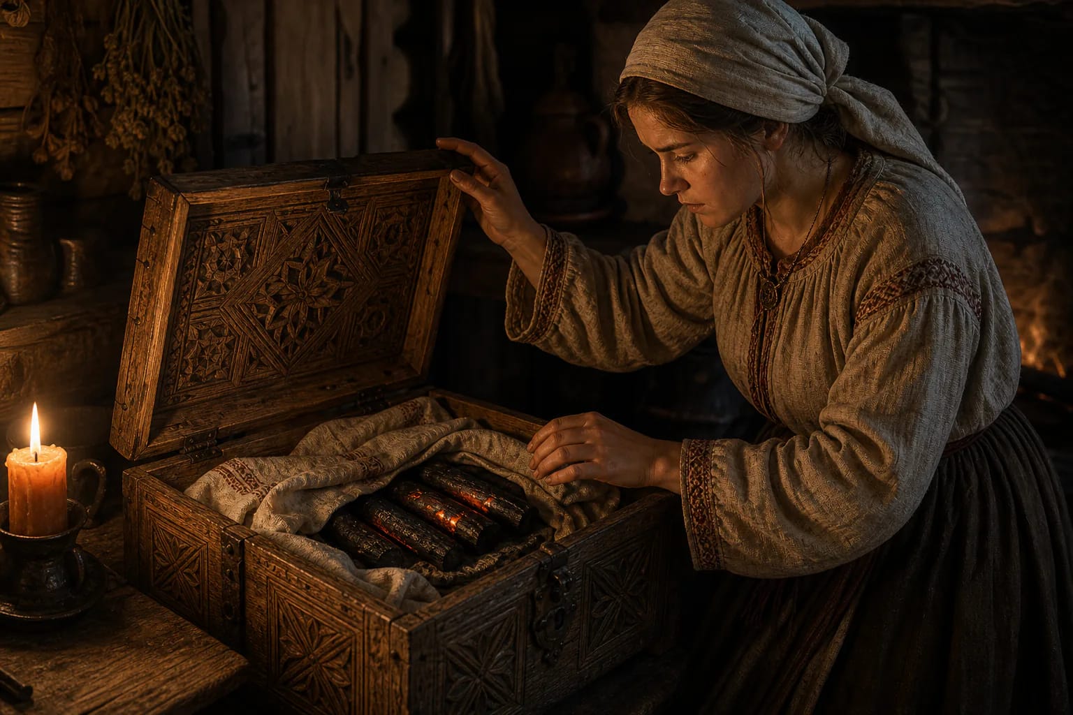 Charred sticks hidden under linen clothes in an old chest beside a dim bathhouse fire