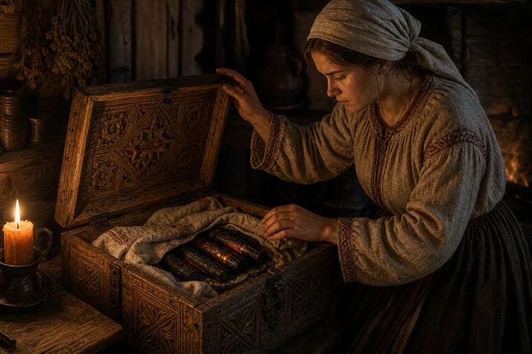 Charred sticks hidden under linen clothes in an old chest beside a dim bathhouse fire