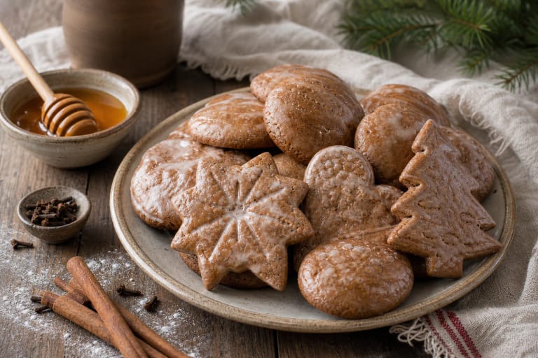 Decorated Lithuanian meduoliai with white icing, cinnamon sticks, and honey
