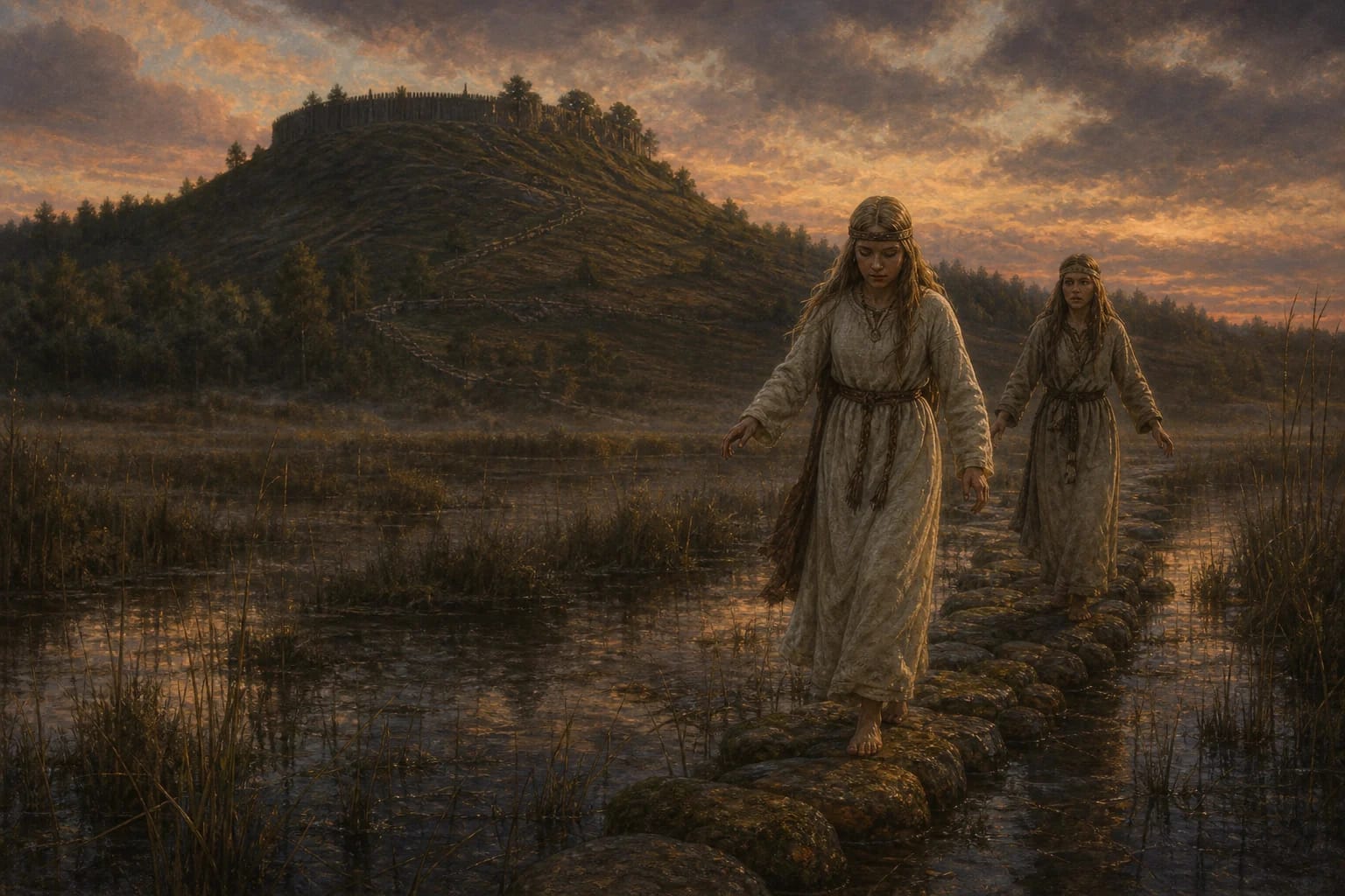 Medvėgalis Legend visual interpretation with two girls, kūlgrinda, name origin motifs