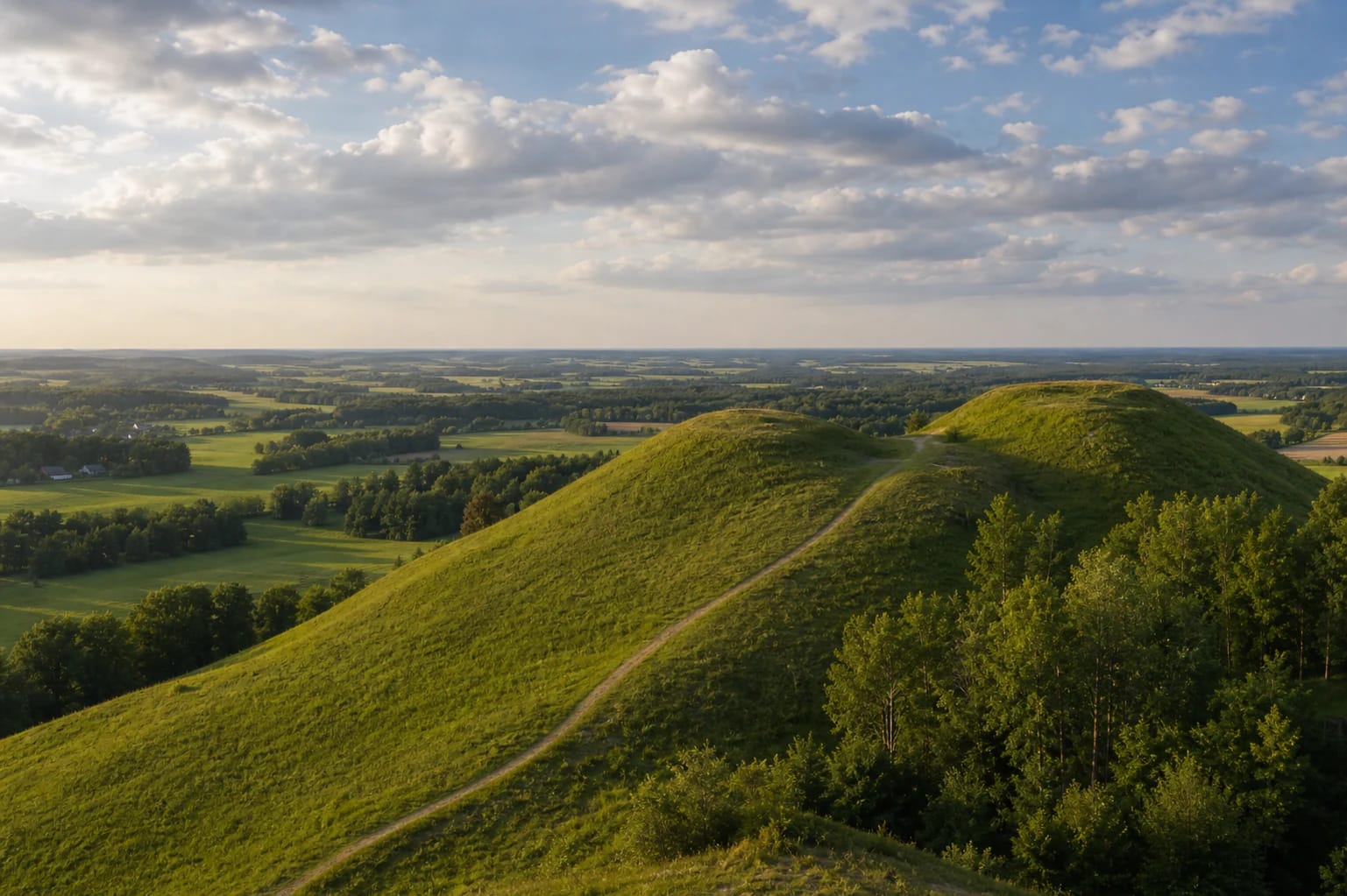 Green slopes of Medvėgalis Hillfort and a panorama of the Samogitian Uplands