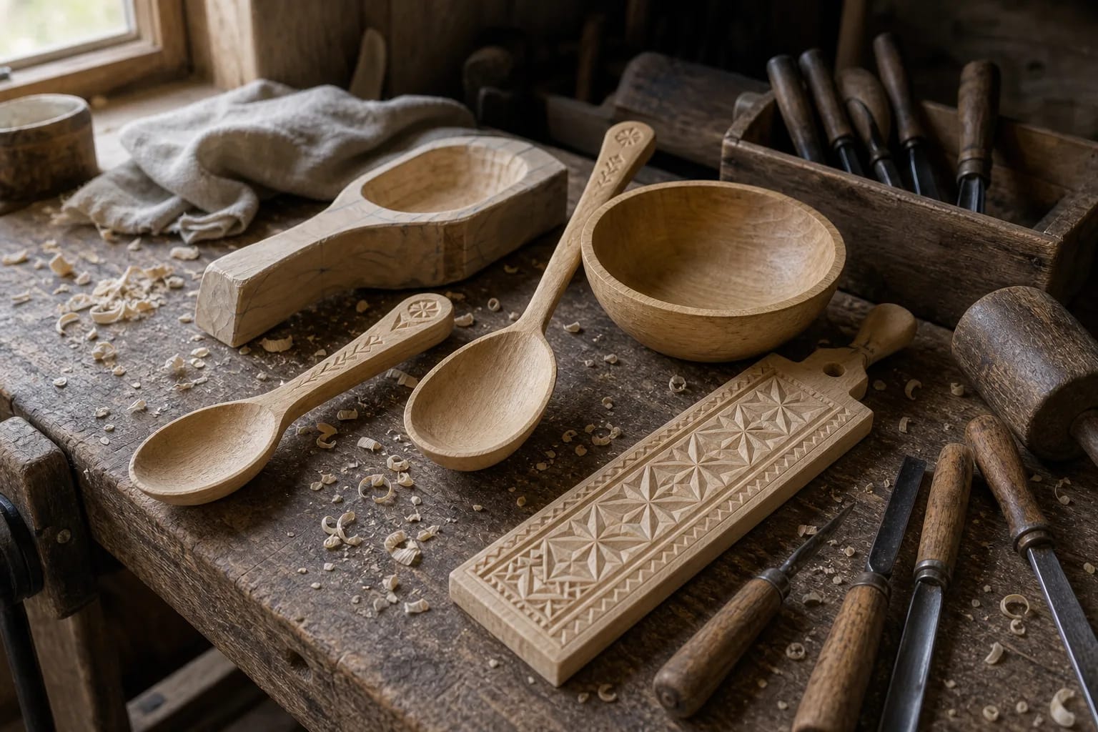 Carved household objects on a bench show the everyday side of woodcarving.