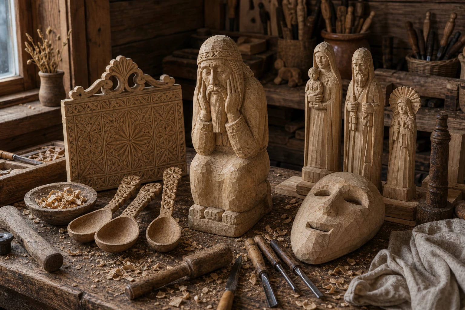 Lithuanian wood carvings with Rūpintojėlis, saints' sculptures, Užgavėnės mask, distaff, spoon, and carving tools