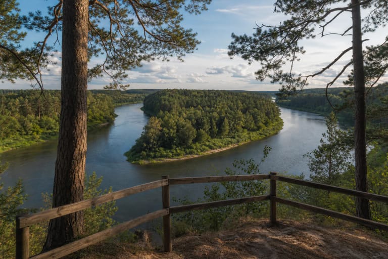 Nuo pušimis apaugusio Nemuno šlaito atsiverianti ilgos miškingos Meilės salos ir abipus jos tekančios upės panorama