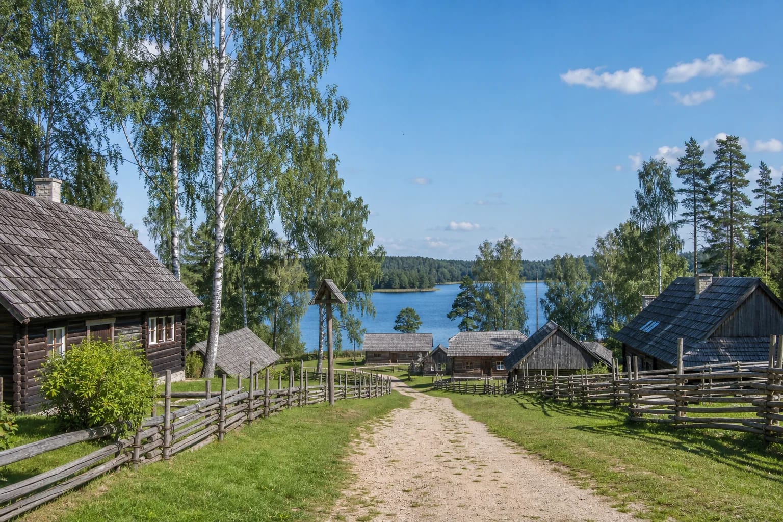 Old wooden homesteads of Meironys village between lakes in Aukštaitija National Park