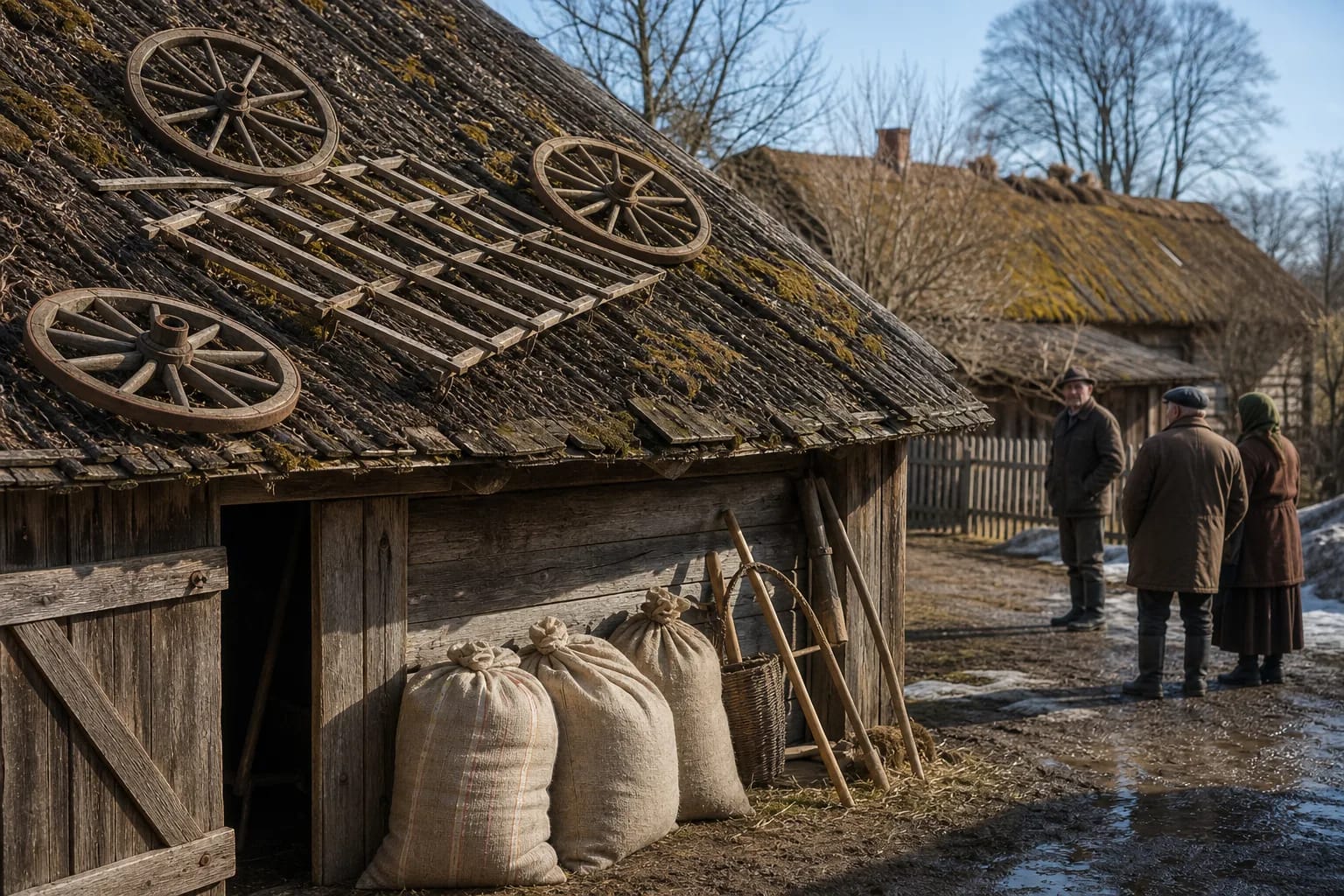 An April Fools farm prank with wheels and a harrow on the roof