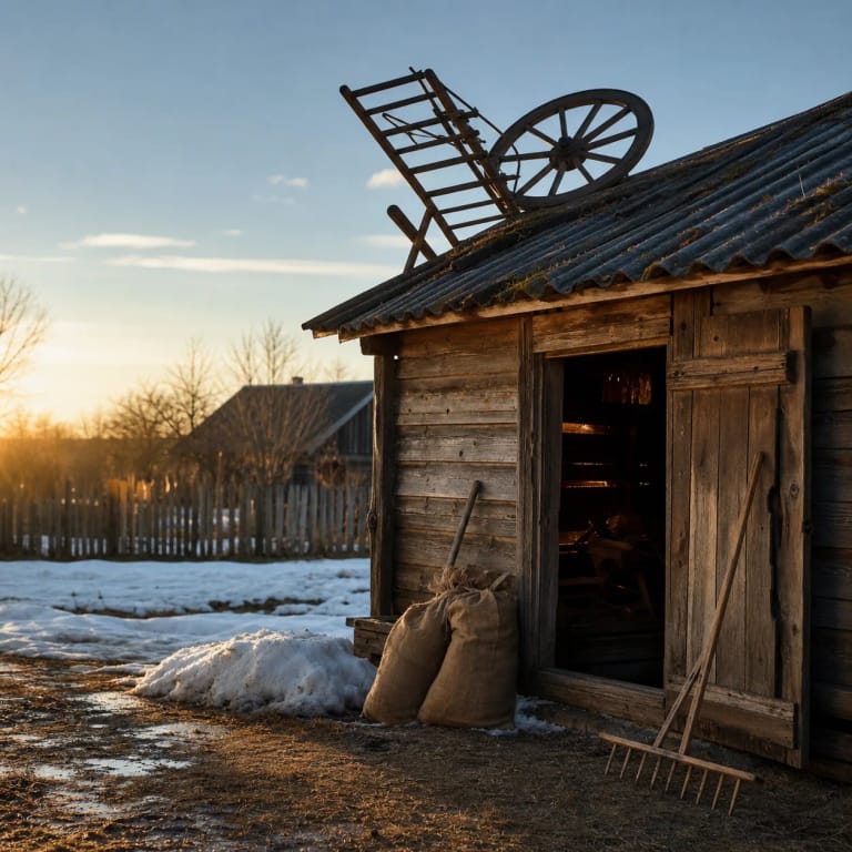 A Lithuanian April Fools' farmyard with wheels and harrows lifted onto a barn roof, seed sacks, and spring thaw