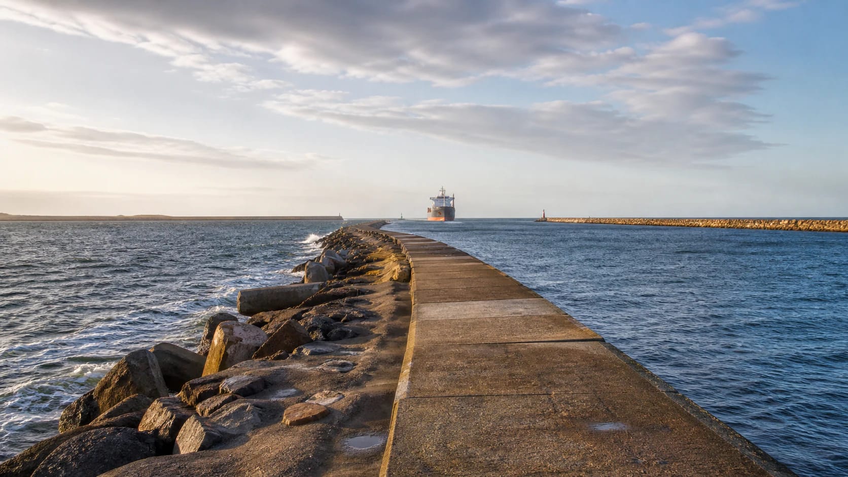 Melnragė north pier at the Klaipėda port gates with Baltic waves, pale walking surfaces, and a ship entering in the distance