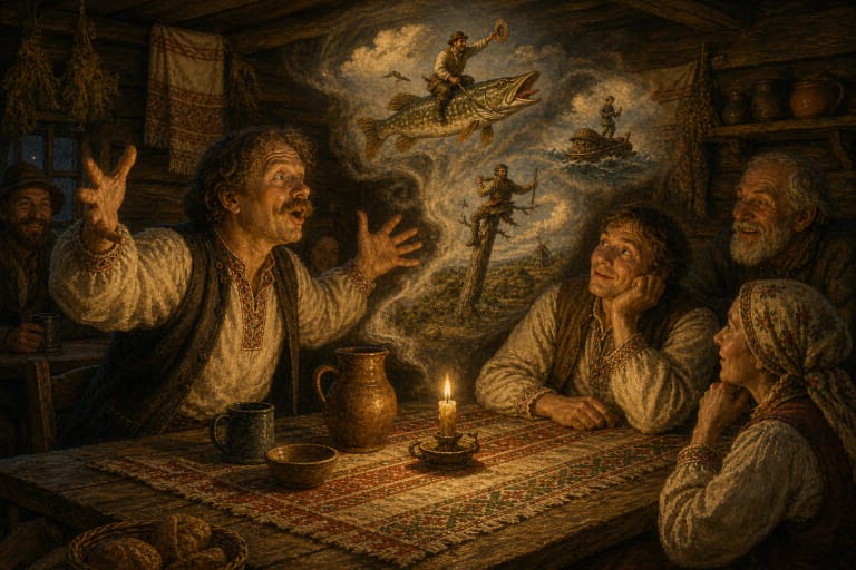 A storyteller at a table creating unbelievable scenes in candle smoke