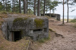 Concrete bunkers of the Memel Nord coastal artillery battery in the seaside pine forest at Kukuliškiai near the Baltic Sea