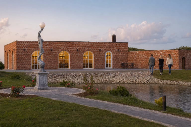 Mėmelio vyno vienaukštė raudonų plytų vyninė Pangesuose su aukštais arkiniais langais, tvenkiniu ir rožėmis saulėtą vasaros vakarą