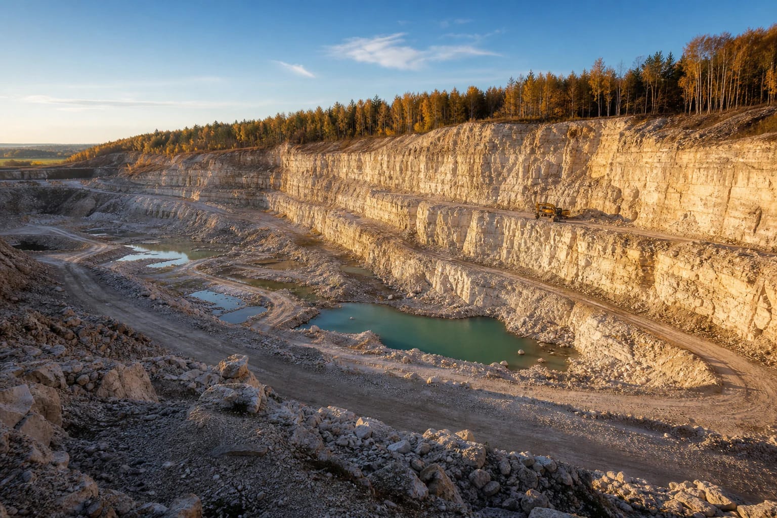 Menčių klinčių karjero šviesios uolienų sienos, dirbtiniai ežerėliai ir kasybos technika