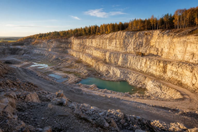 Menčių klinčių karjero šviesios uolienų sienos, dirbtiniai ežerėliai ir kasybos technika