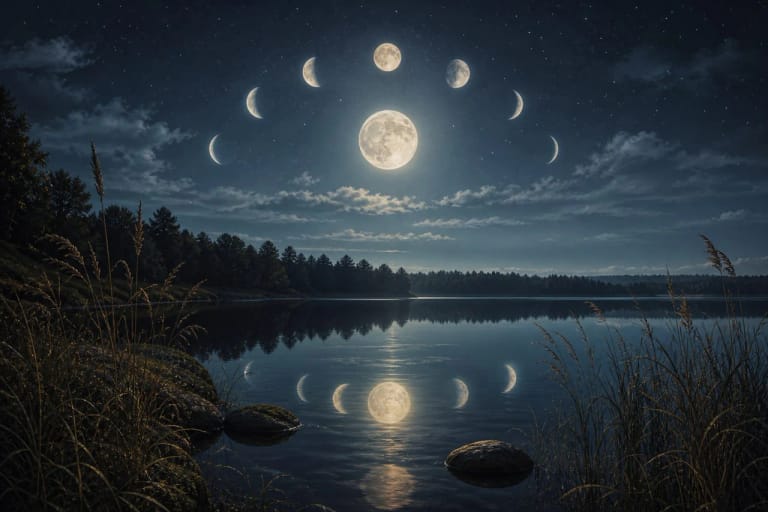 Moon phases above a lake as a Lithuanian mythological symbol of night and cycle