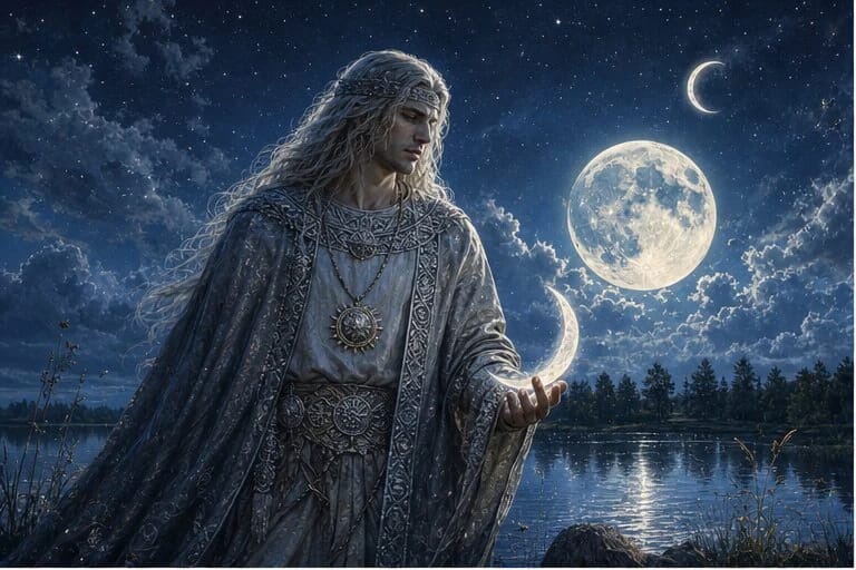 Mėnuo Mėnulis in Lithuanian mythology standing by a lake under a starry sky