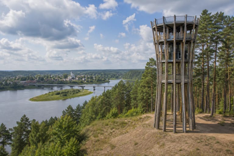 Merkinė Observation Tower, known as the Pine Grove, above the Nemunas valley and Merkinė panorama