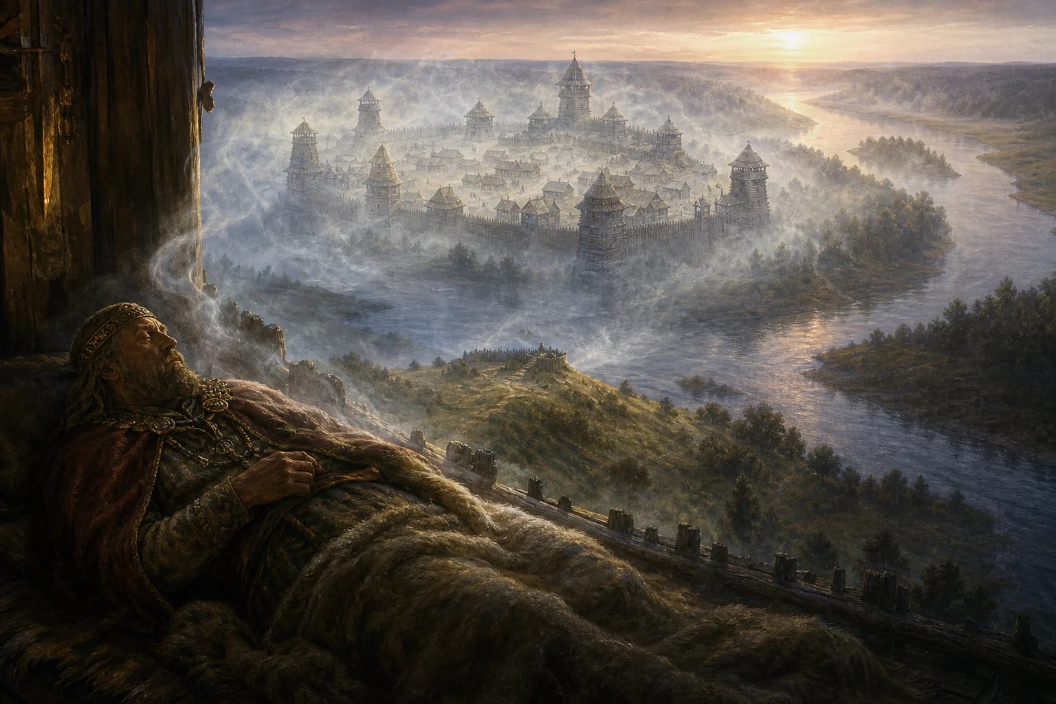 Merkinė Hillfort Legend visual interpretation with dream, city, Nemunas motifs