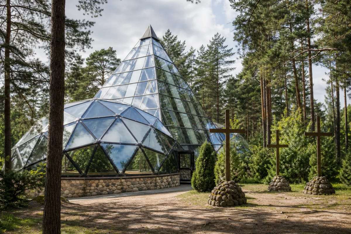Glass dome of Merkinė Pyramid in a forest clearing with three crosses
