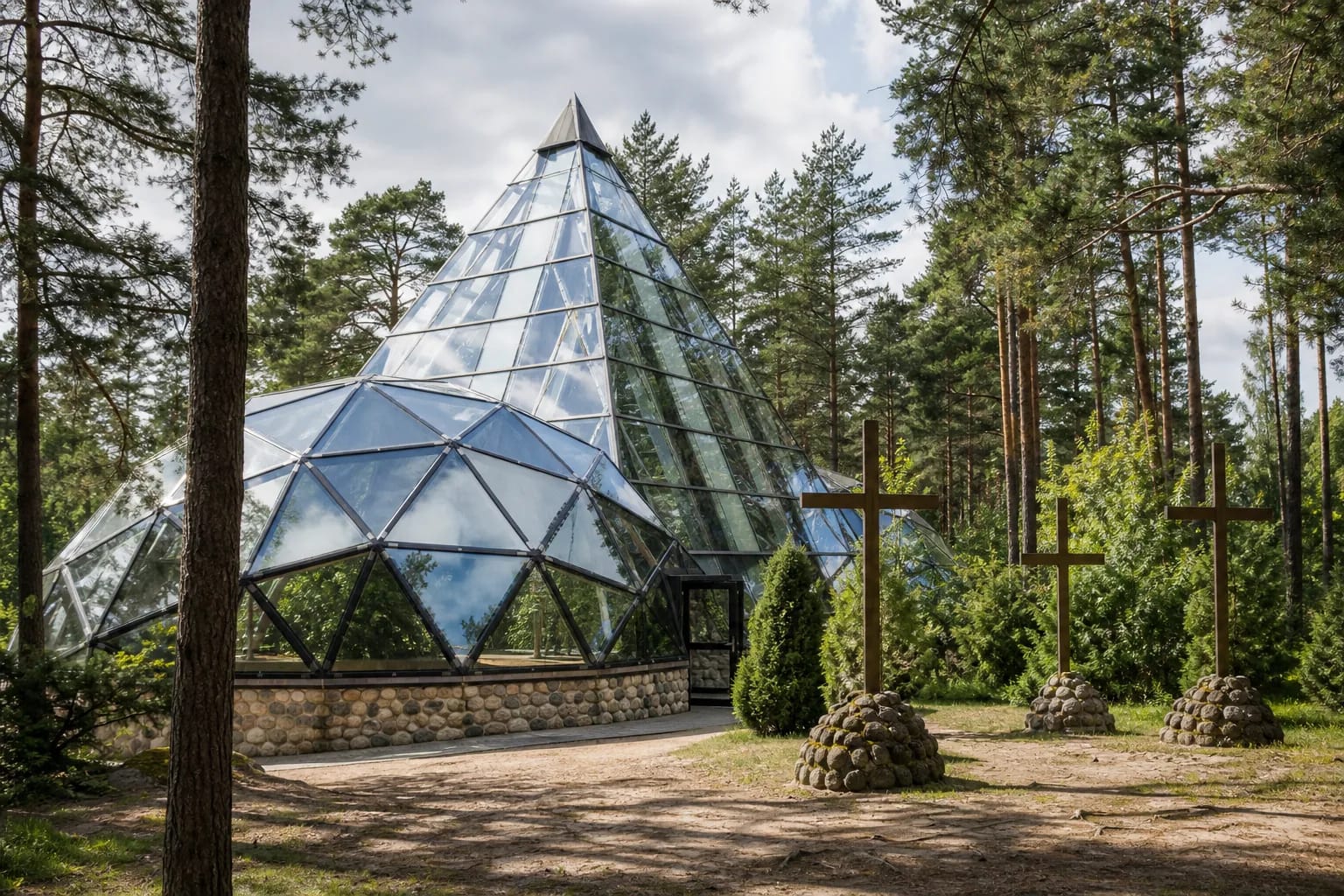 Glass dome of Merkinė Pyramid in a forest clearing with three crosses