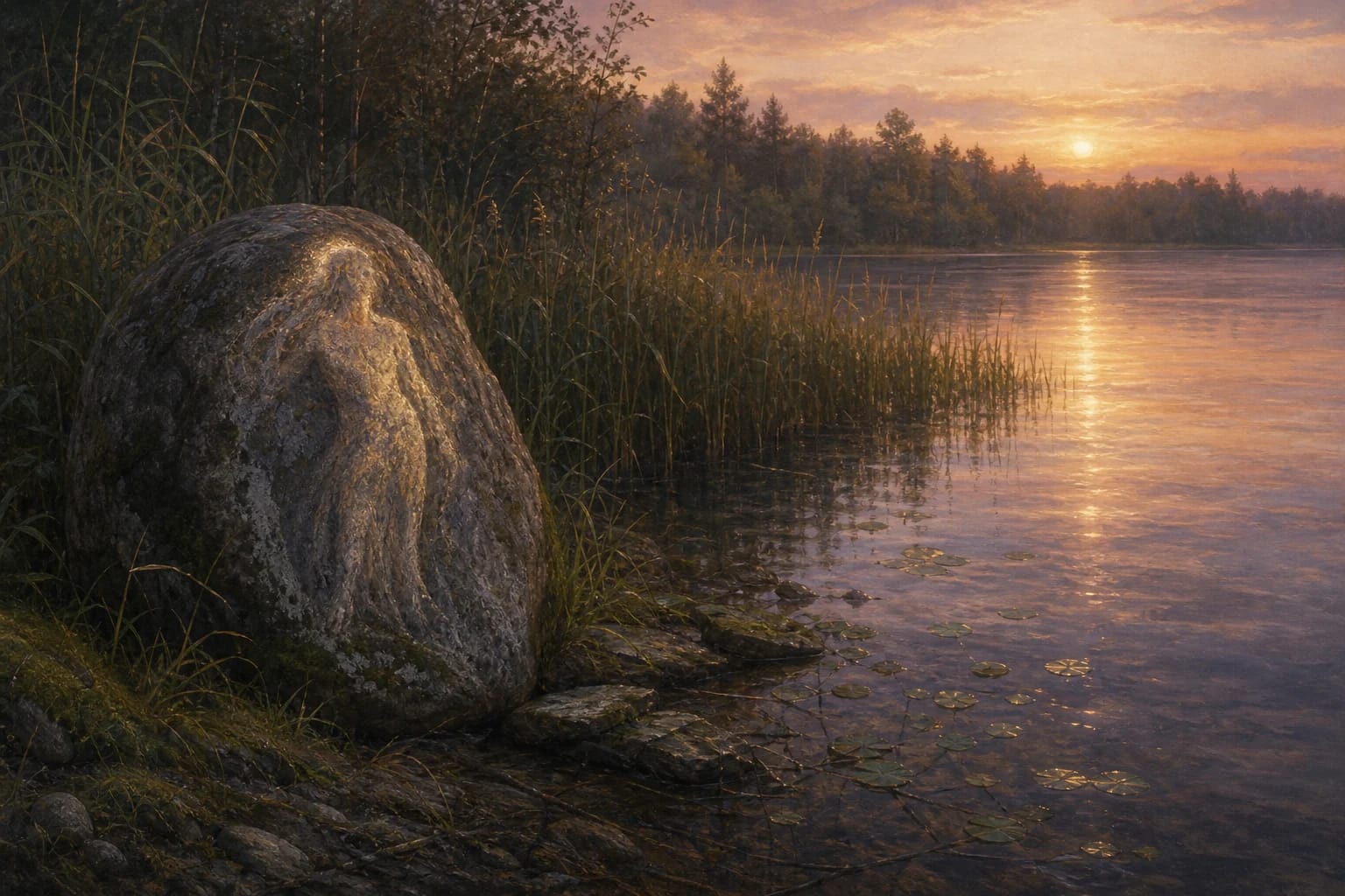 Metelys Lake Legend visual interpretation with Laumė Stone, lakeshore, Papėčiai motifs