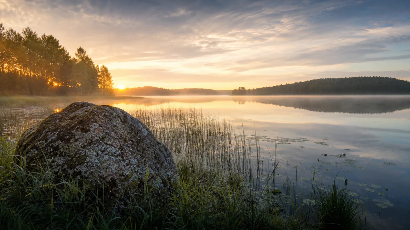 Mist around an old stone on the shore of Lake Metelys, with reeds and quiet water in the distance