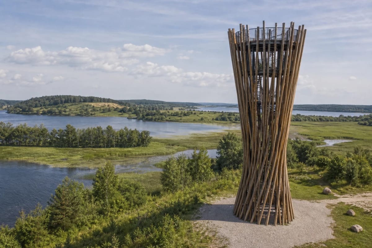 Meteliai Observation Tower near lake and wetlands in Meteliai Regional Park