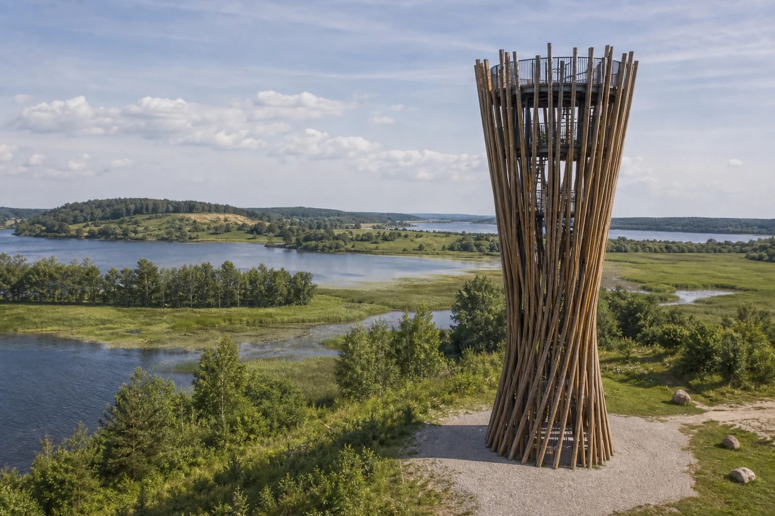 Meteliai Observation Tower near lake and wetlands in Meteliai Regional Park
