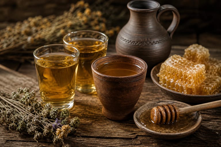 A glass of pale midus beside honeycomb, a wax candle, herbs, and a small oak barrel