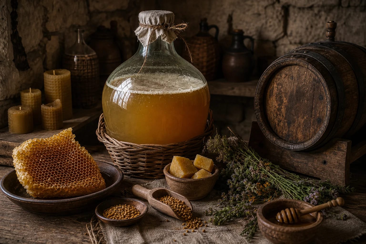 Mead visual detail with tools and materials typical of the craft