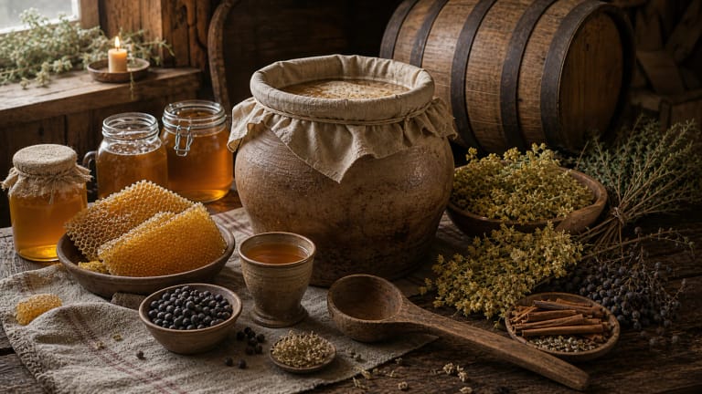Lithuanian mead with honeycomb, bees, oak barrel, herbs, spices, and Stakliškės landscape