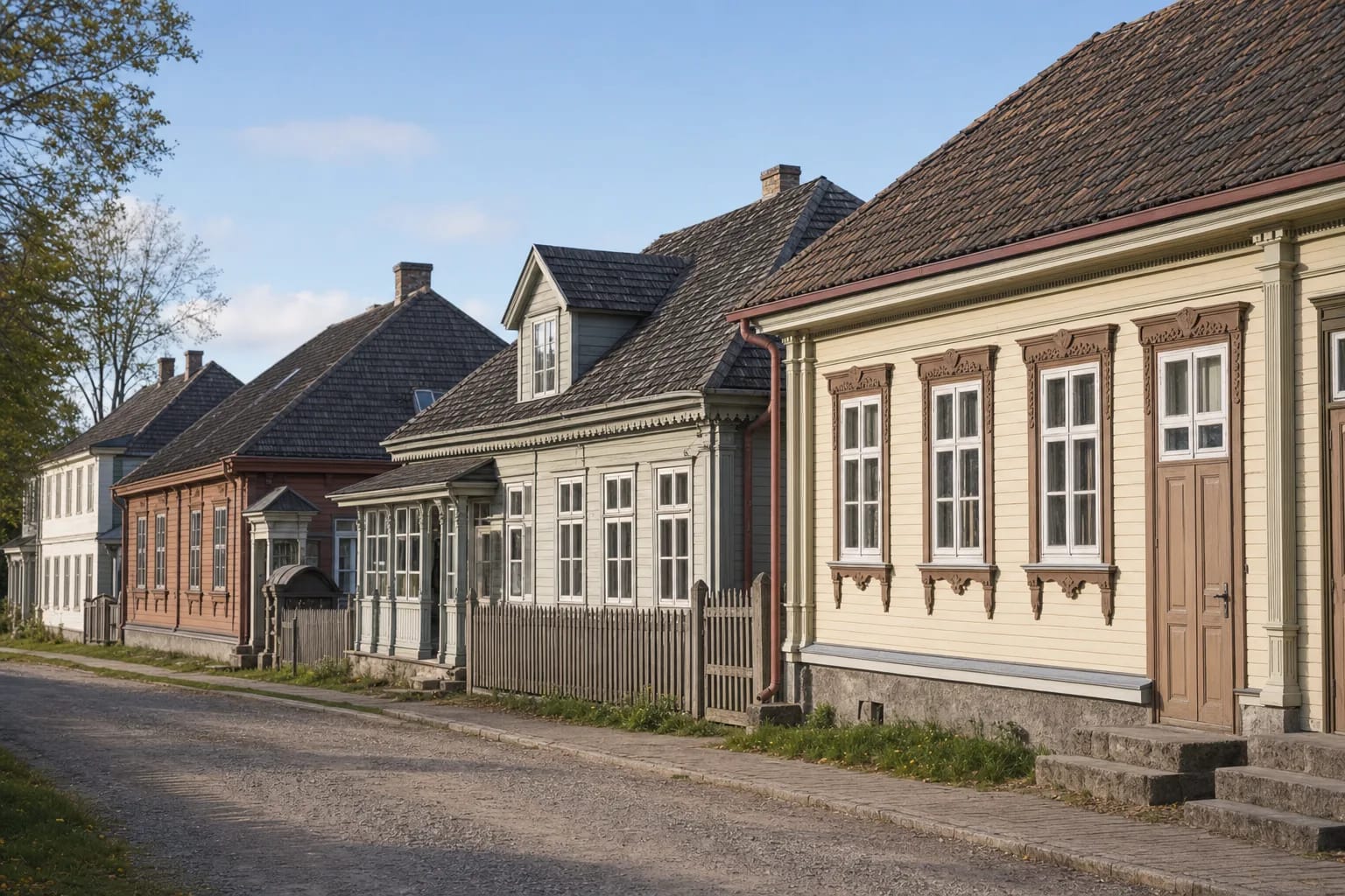 Small-town wooden architecture is shaped by dense street lines and repeated facades.