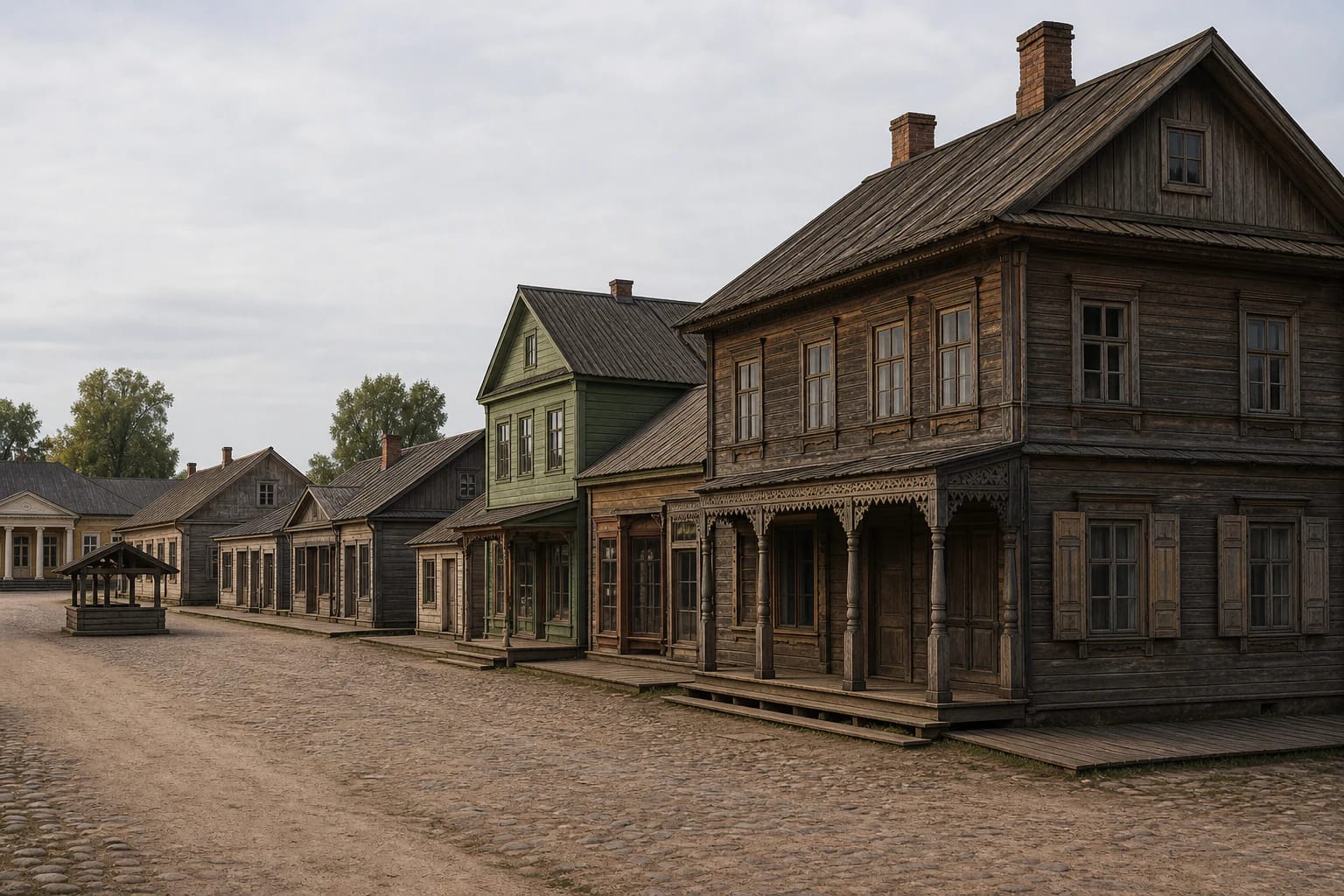 Lithuanian small-town wooden fabric with a shop, dwelling house, tavern, square, and restrained wooden facades