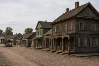 Lithuanian small-town wooden fabric with a shop, dwelling house, tavern, square, and restrained wooden facades