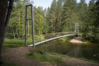 Подвесной мост Микеряй с деревянным настилом и стальными тросами над лесистой рекой Швянтойи