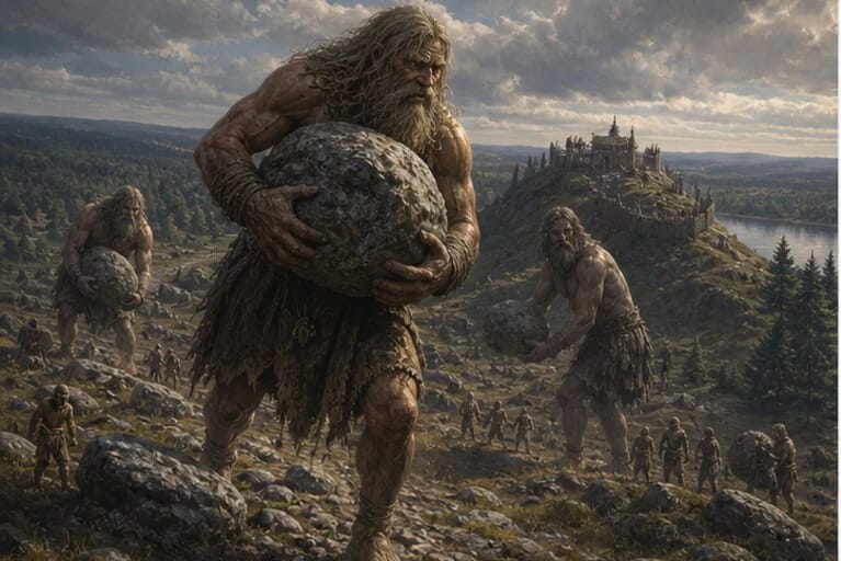 Giants in Lithuanian place legends near a hillfort, a large stone, and an ancient landscape