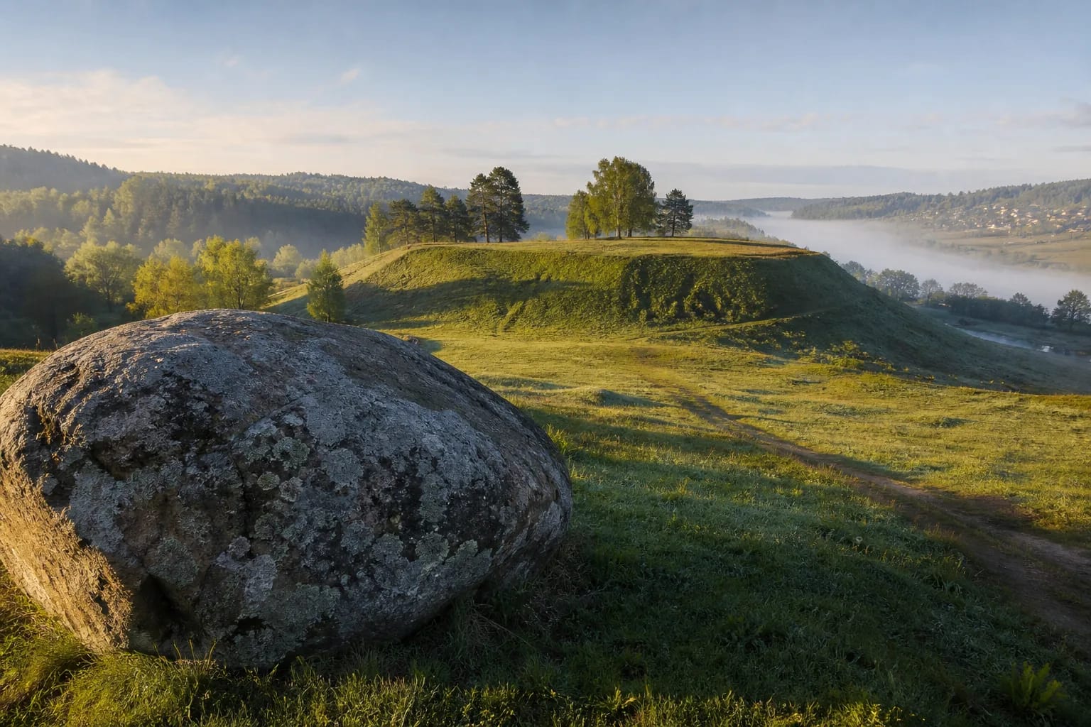 Hillfort, large boulder, and valley landscape carrying Lithuanian giant legends