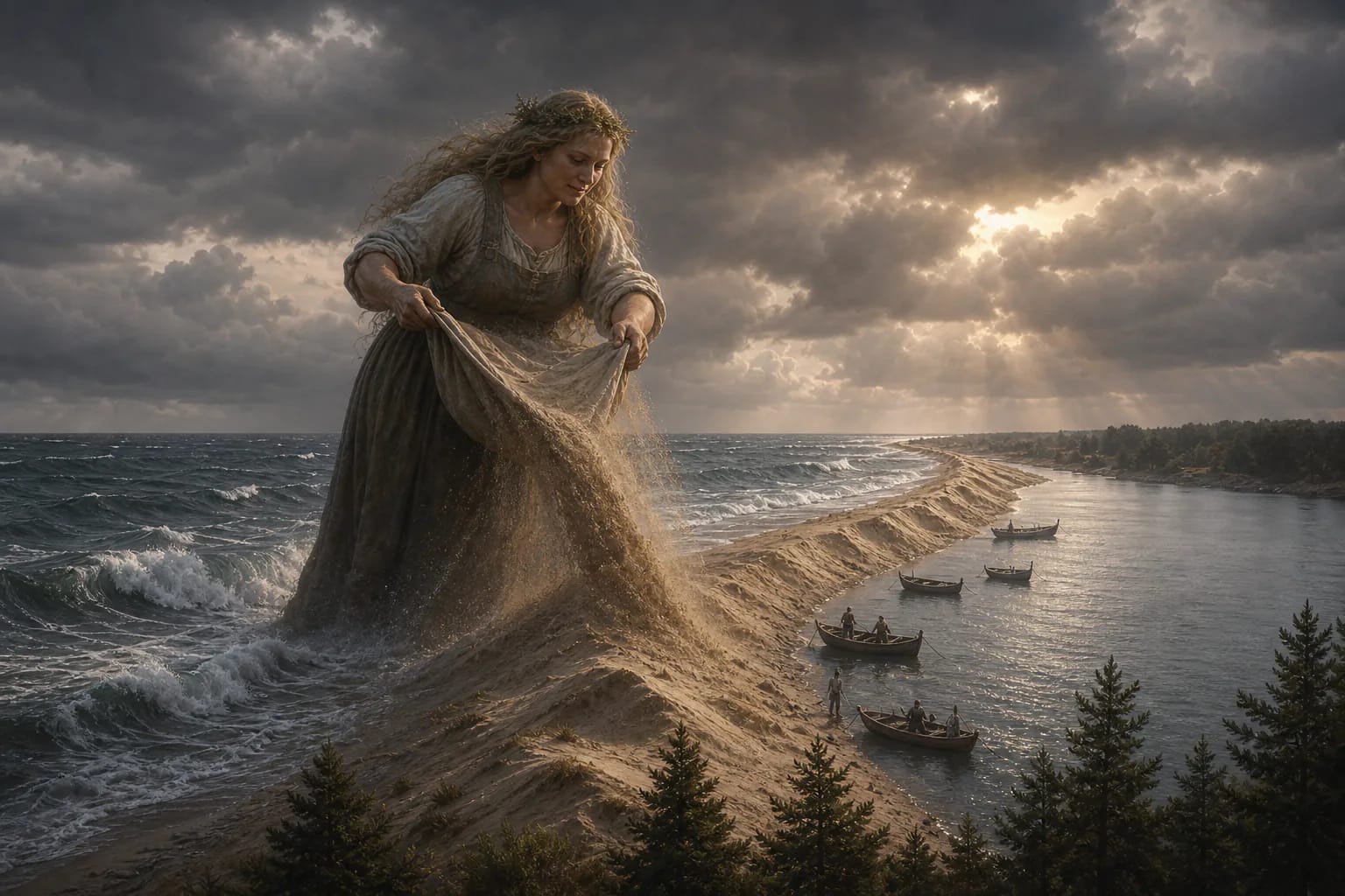 Giantess Neringa pours sand into the sea and forms the Curonian Spit