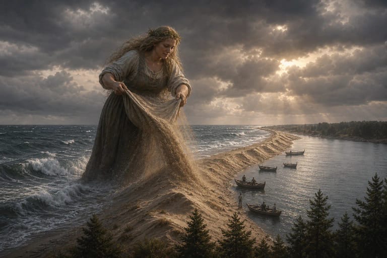 Giantess Neringa pours sand into the sea and forms the Curonian Spit