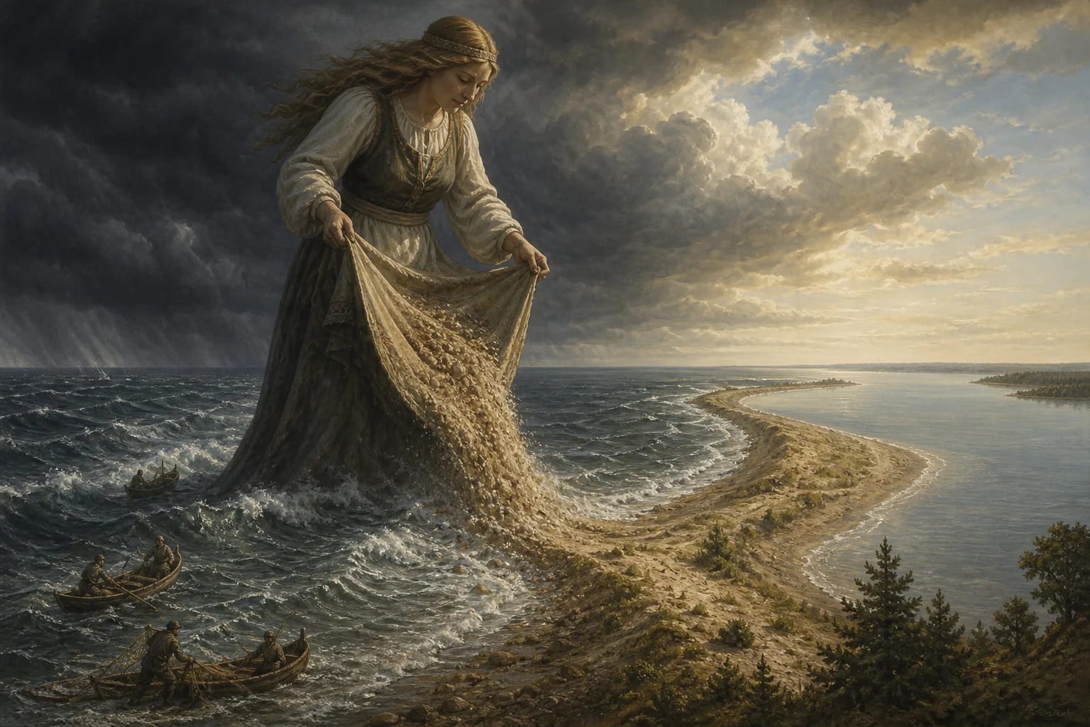 Giantess Neringa visual interpretation with giantess, Curonian Spit, sand motifs