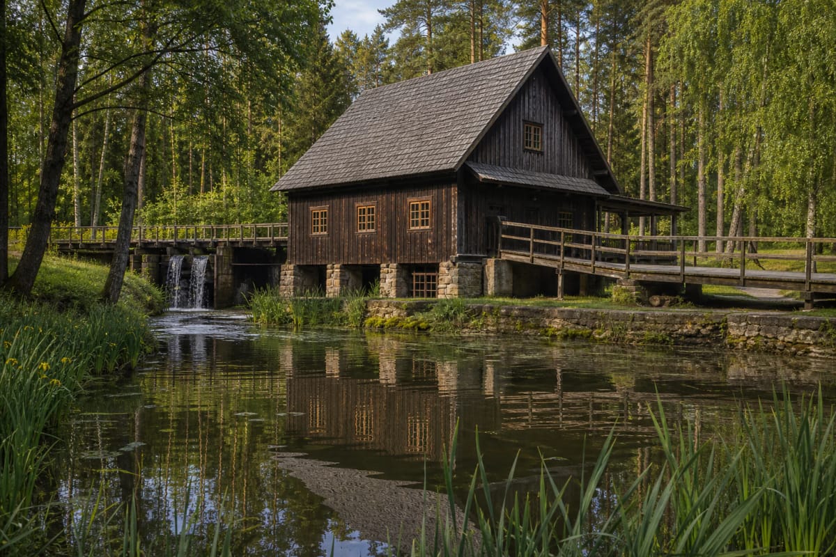 Minčia Watermill by a pond, surrounded by Aukštaitija forests