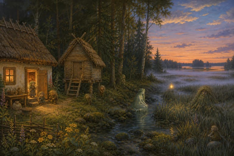 Lietuvių mitologinės būtybės sodybos, miško, vandens ir pelkės kraštovaizdyje
