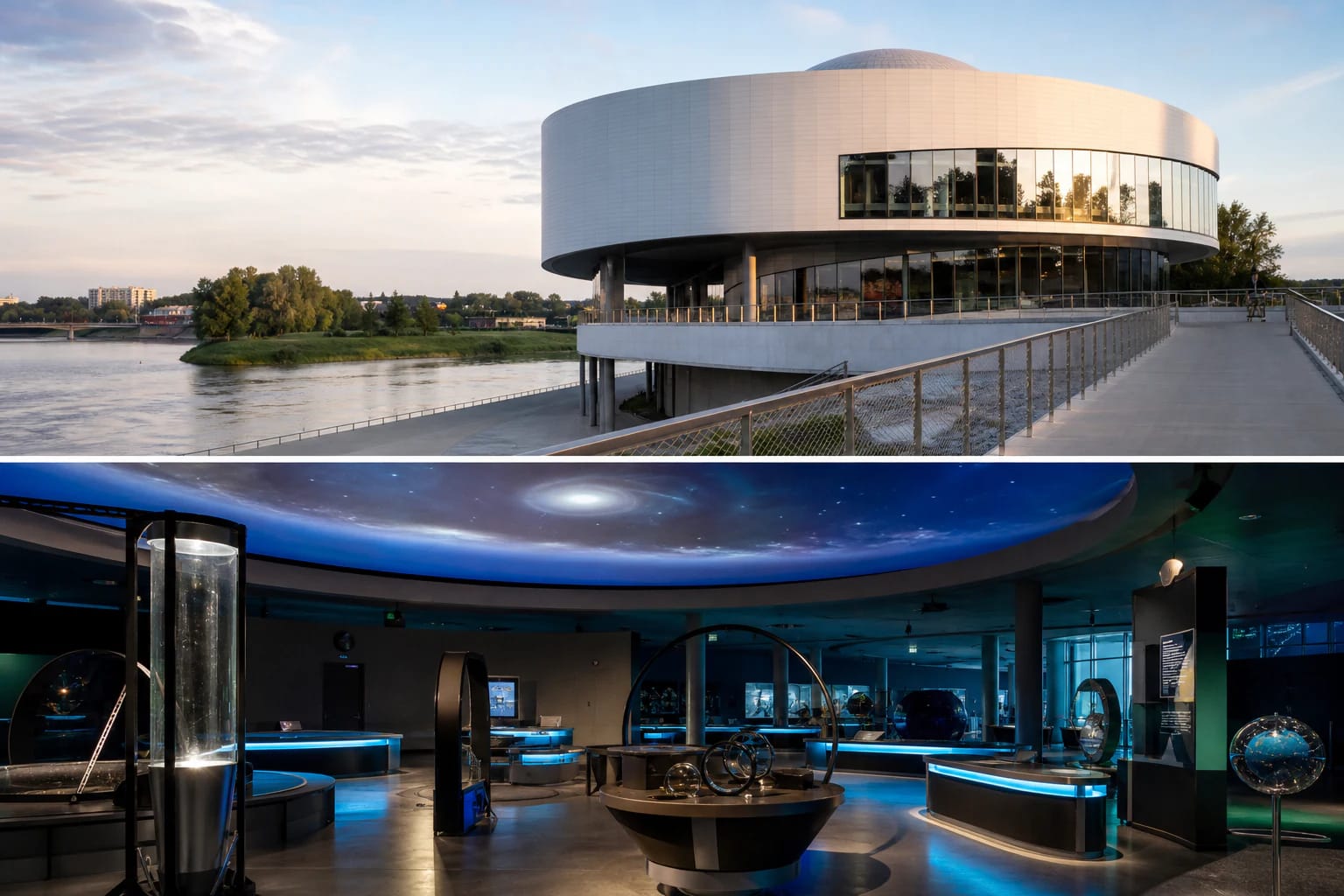 Modern Science Island building in Kaunas with a 27 m-diameter disk on Nemunas Island and interactive science exhibitions inside