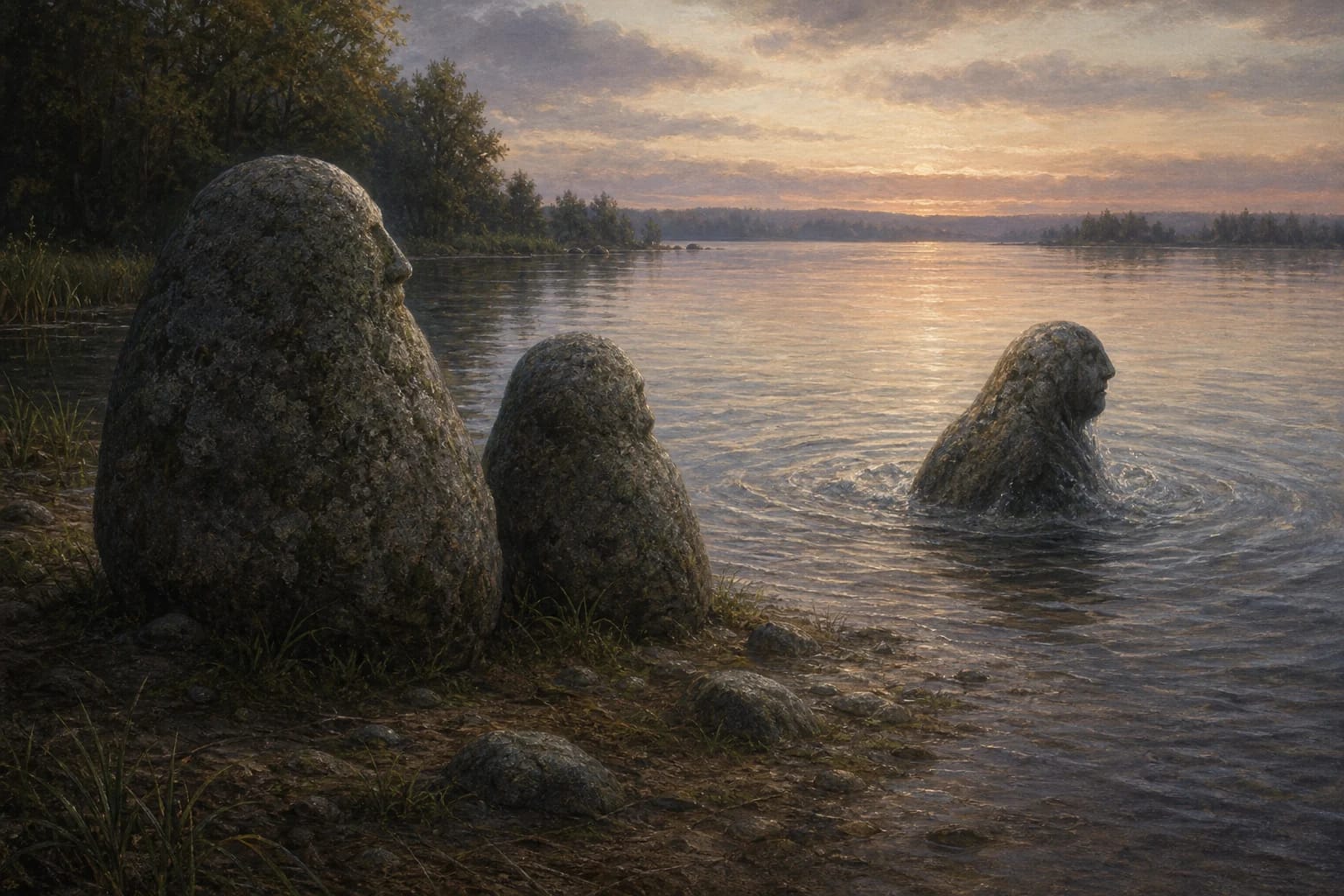 Mokai Stones Legend visual interpretation with living stones, petrification, family motifs