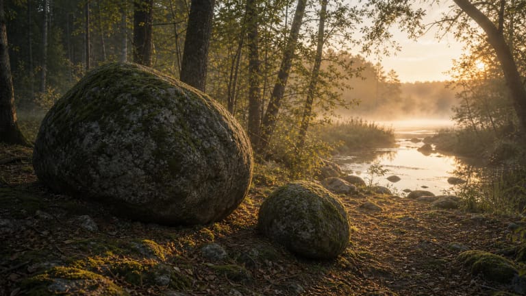 Mokas and Mokiukas in a forest near water as a petrified family