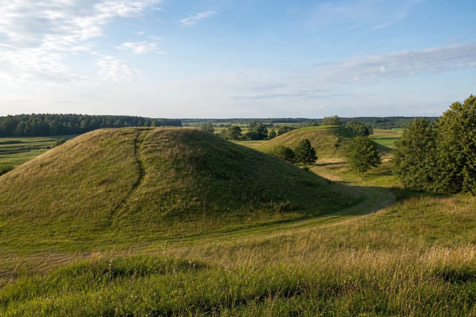 Grassy hills of Molavėnai Hillforts in a Raseiniai District valley landscape