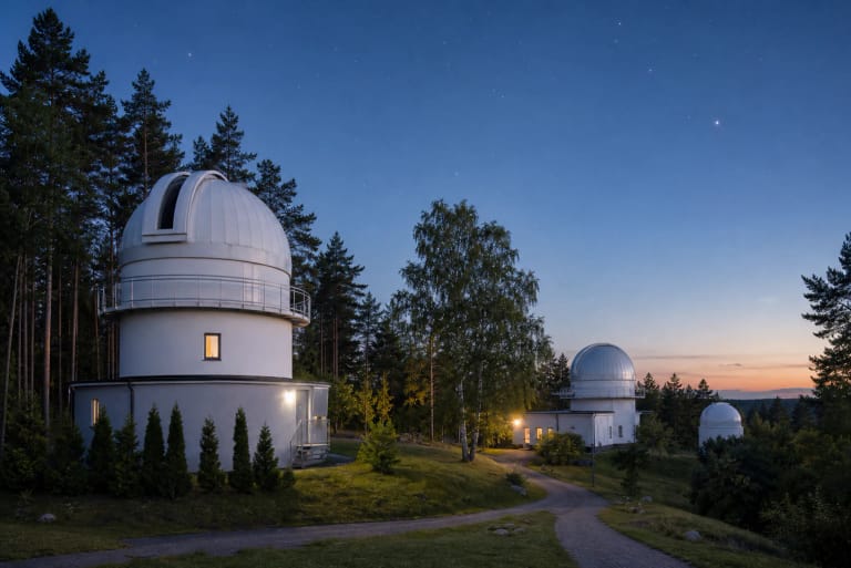 Molėtų astronomijos observatorijos balti teleskopų kupolai miško kalvoje vakaro žvaigždėtame danguje